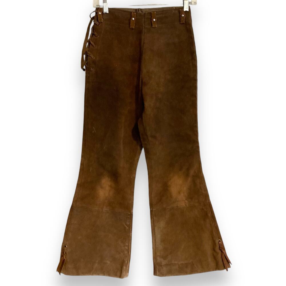 Vintage Brown Suede Leather Lace Up Flare Pants 26